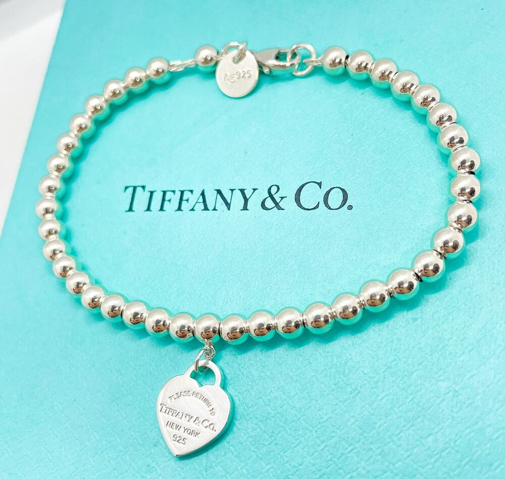 Tiffany & Co. Return to Tiffany Mini Heart Charm Bead Bracelet Silver 6”